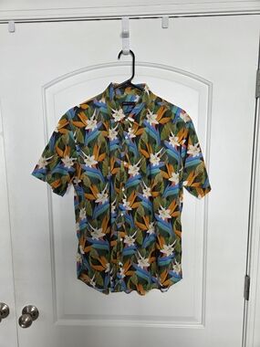 Short-Sleeve Tropical Floral Button-Down Shirt - Green Multi